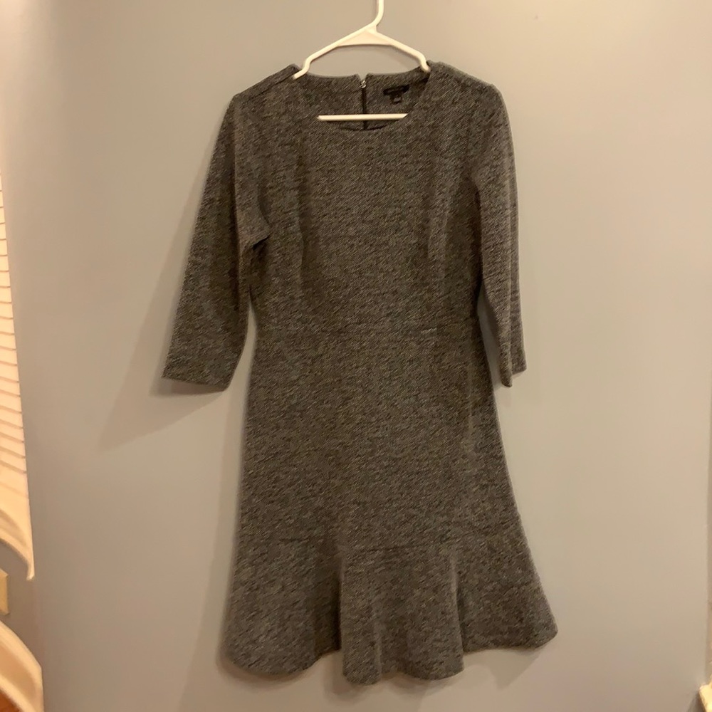 Ann Taylor fit-and-flare work dress. Heathered black and white pattern.